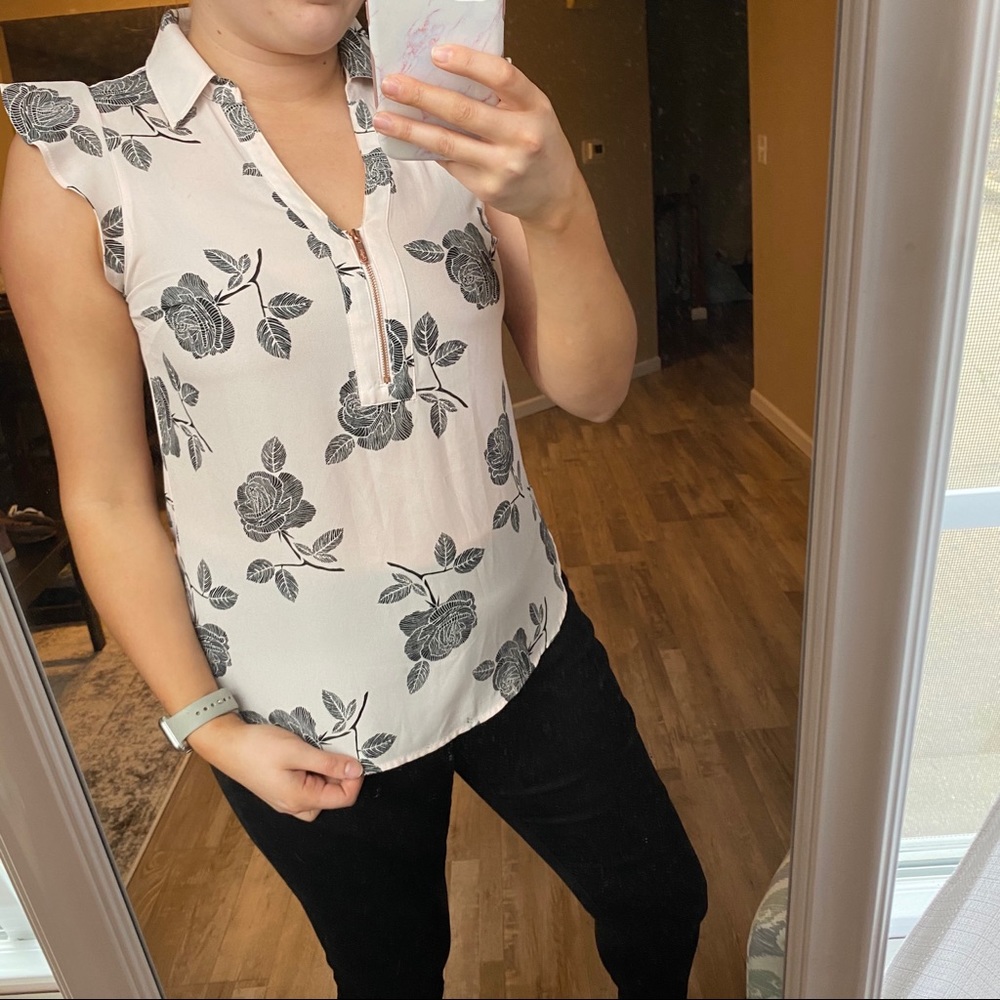 Floral Zipper Detail Tank Top Ruffle Sleeve Blouse